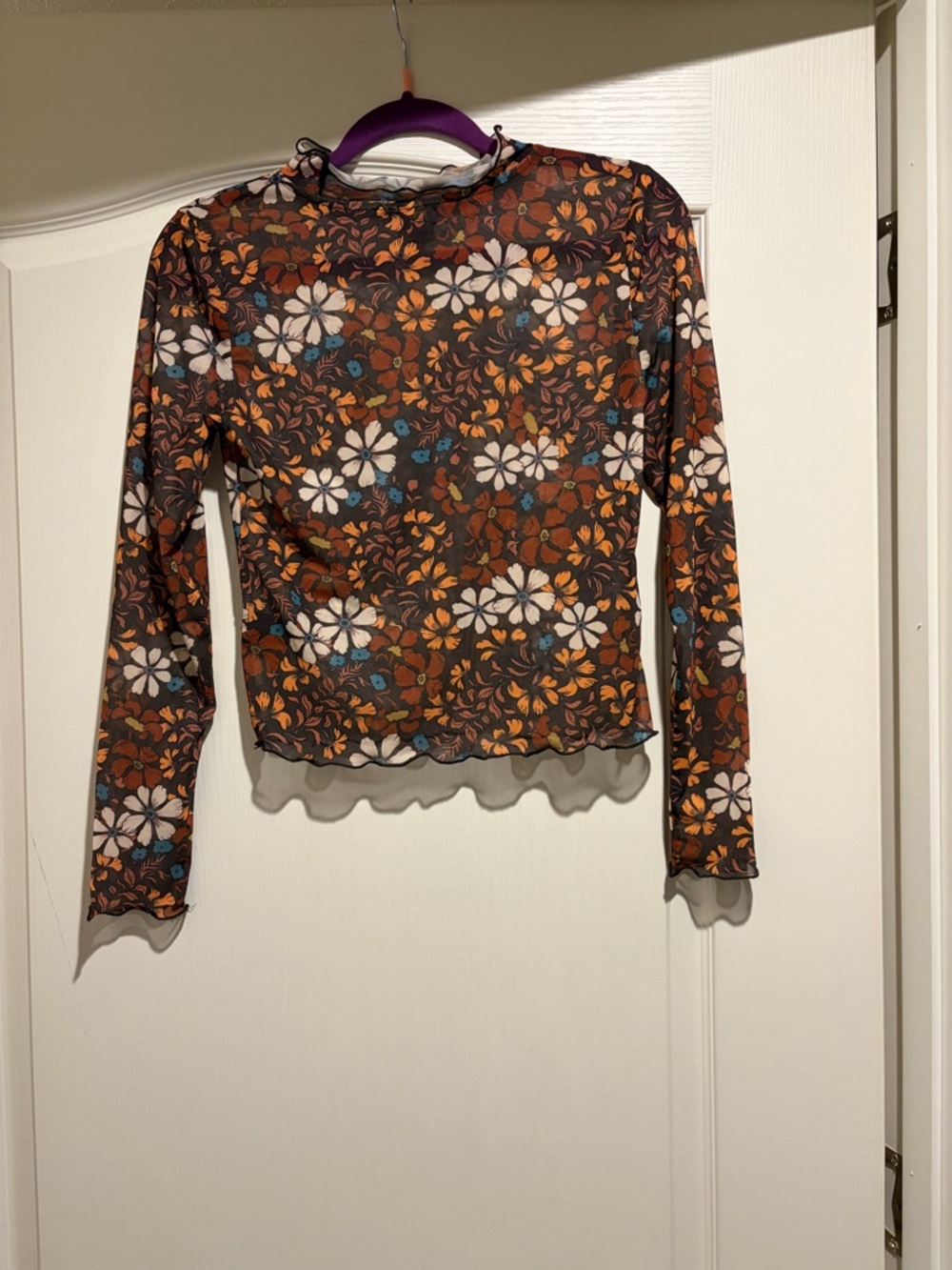 Lee Brown Floral Mesh Long-Sleeve Top with White & Blue Accents